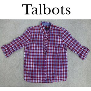 Talbots Petites Size 12p Red and Blue Long Sleeve Ruffle Button Up Shirt